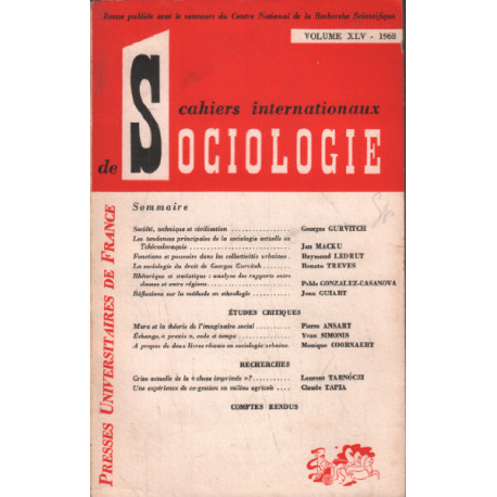 Cahiers internationaux de sociologie /volume XLV : Gurvitch georges...