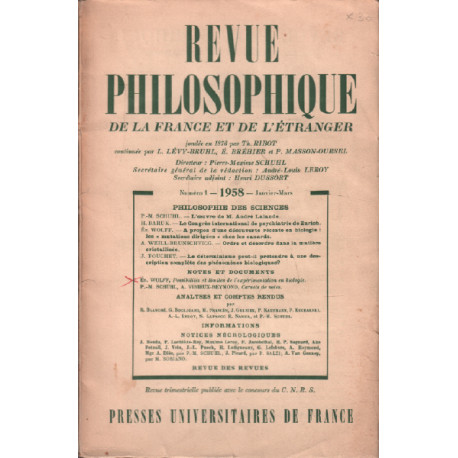 Revue philosophique janvier mars 1958 / weill-brunschvicg : ordre...