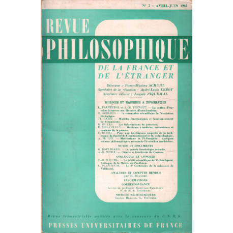 Revue philosophique/ avril-juin 1962 / abeloos : la conception...