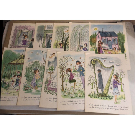13 cartes différentes du couple d'amoureux en couleurs de Peynet...