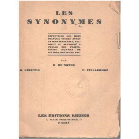 Les Synonymes. Répertoire Des Mots Français Usuels Ayant Un Sens...