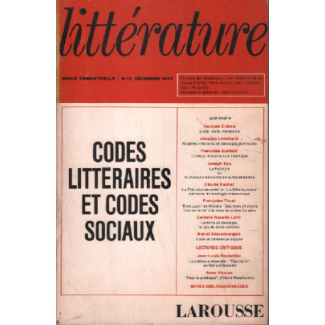 Revue littérature n° 12 / codes littéraires et codes sociaux