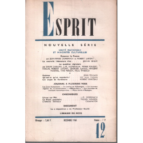 Revue esprit décembre 1968 / repenser la france la question régionale