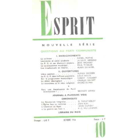 Revue esprit/ octobre 1966/ questions au parti communiste
