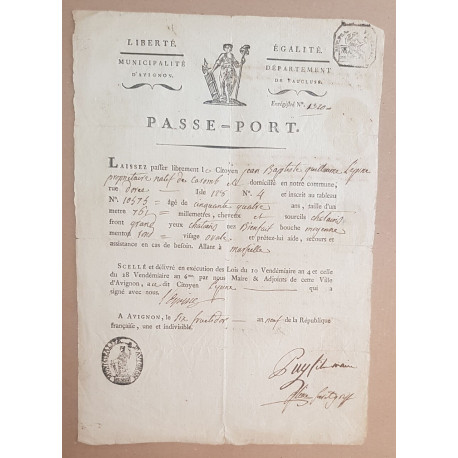 Passe-port du citoyen J.-B. Lépine natif de Caromb allant à Marseille
