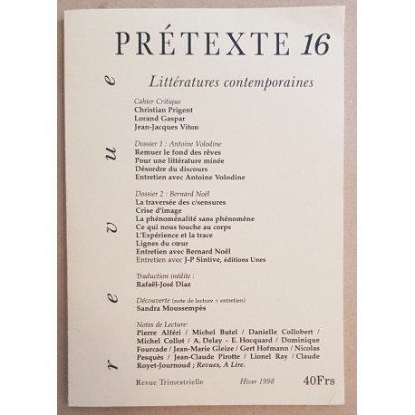 Prétexte 16 (revue trimestrielle) - Hiver 1998 - Littératures...