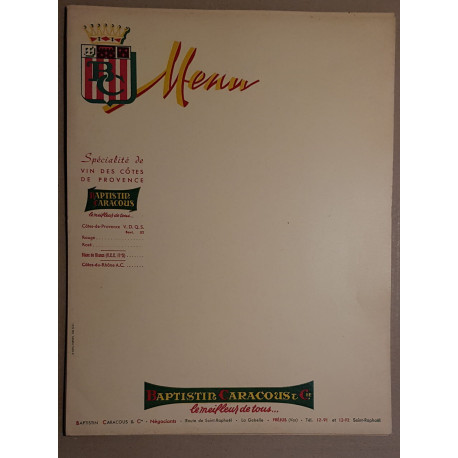 Lot de 10 menus publicitaires Baptistin Caracous et Cie-Négociants...