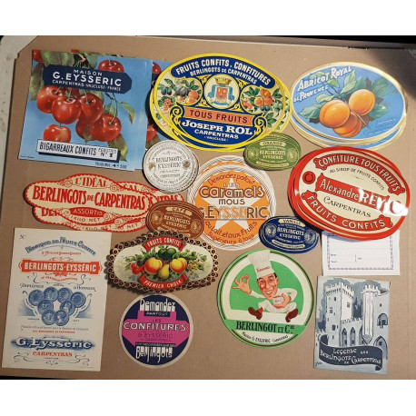 Lot de 40 étiquettes et publicités de berlingots fruits confits...