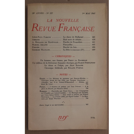 La nouvelle revue française - 29° année - N°327 - 1° mai 1941