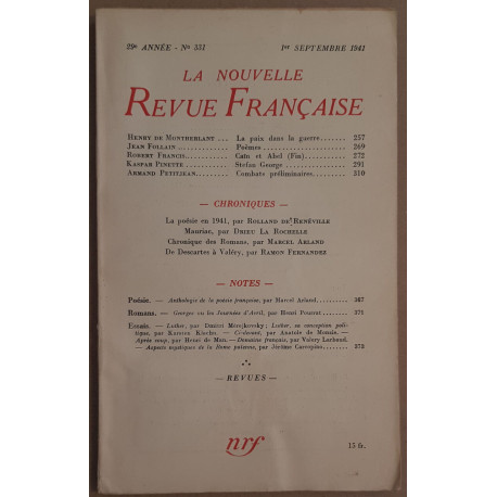 La novelle revue française - 29 année - N°331 - 1° Septembre 1941